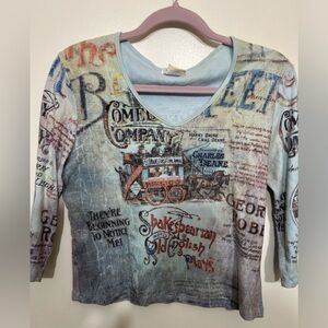 Y2K DB Sport Graphic Baby Tee Rhinestone Paris London Newspaper Print Top L